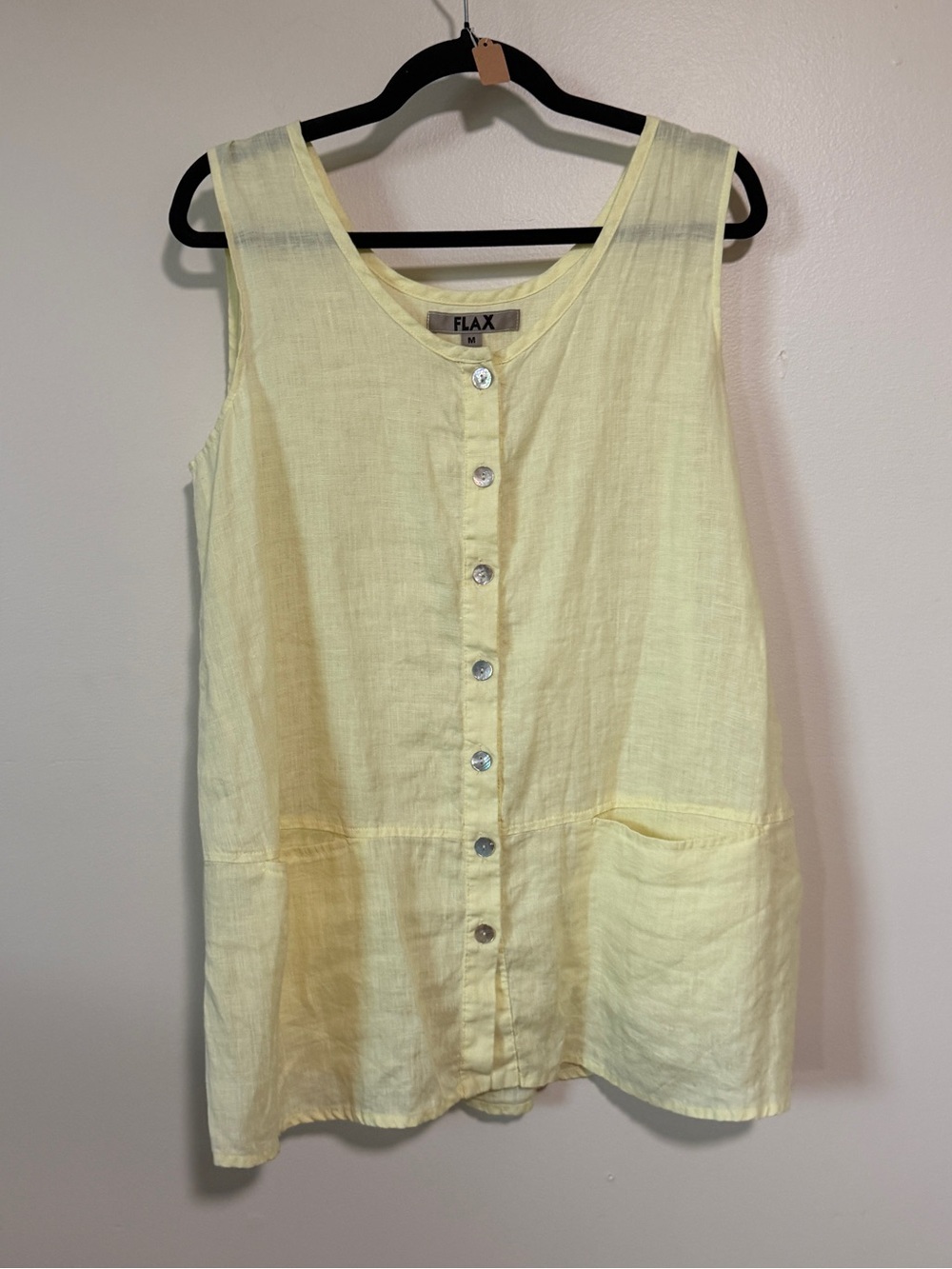 FLAX 100% linen butter yellow button up sleeveless shirt - size medium lagenlook